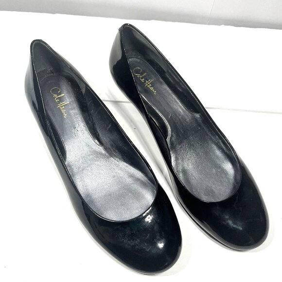 COLE HAAN Black Patent Low Wedge Slip on Heels Size 7-1/2 - Picture 1 of 7